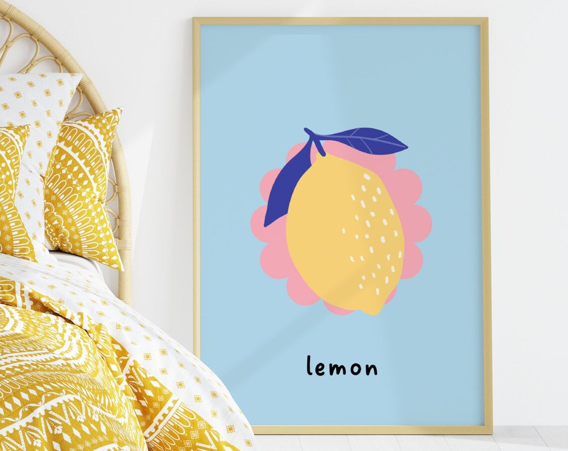 Bright Lemon Illustration Pastel Blue Playful Kitchen Poster