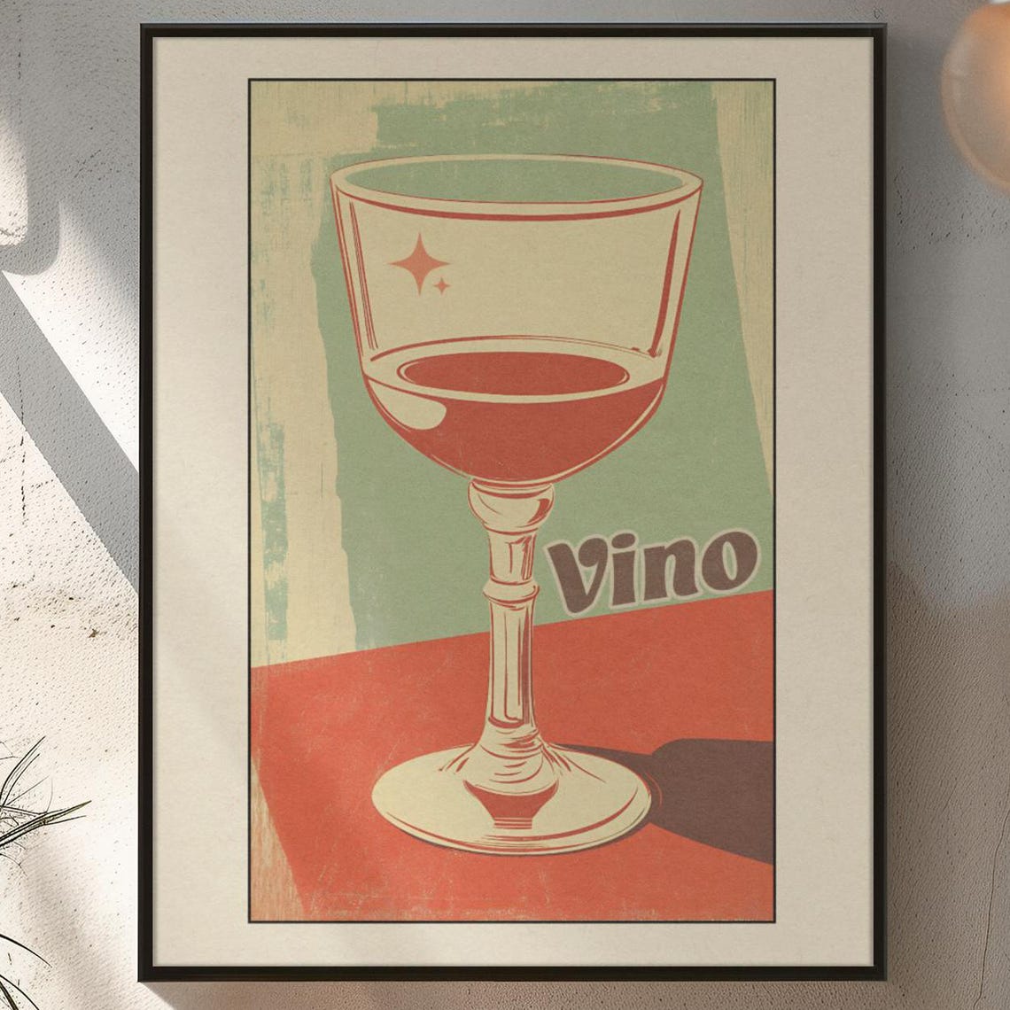 Vino Retro Wine Glass Midcentury Modern Kitchen Bar Decor Poster