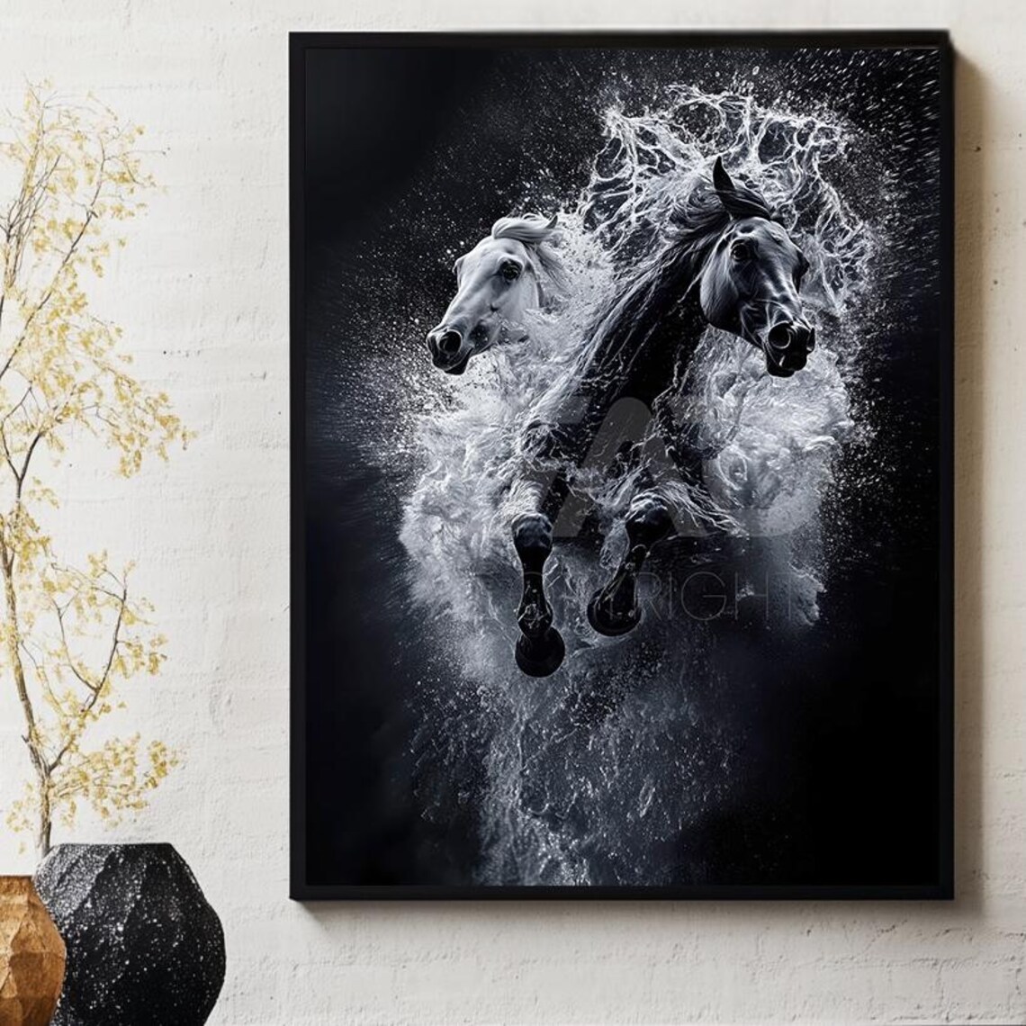 Black and White Galloping Horses Splashing Through Water Poster