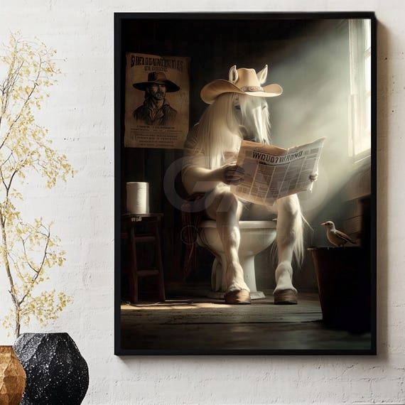 Horse Reading Newspaper In The Toilet Poster Print Cow Boy Wild West Wildlife Wall Art Designs Gad Art 00045
