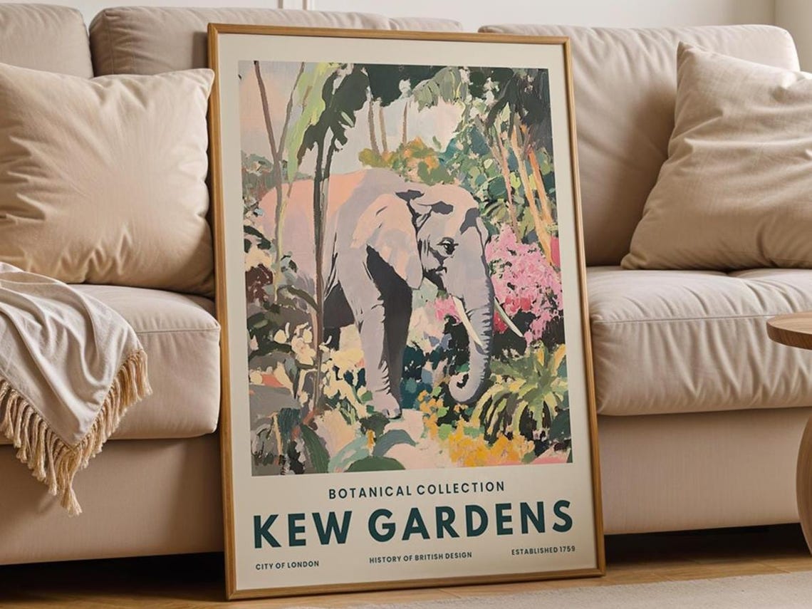 Kew Gardens Botanical Gray Elephant Palm Trees Vintage Art Poster
