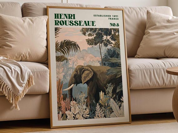 Vintage Elephant Jungle Print Henri Rousseau Style Botanical Wall Art