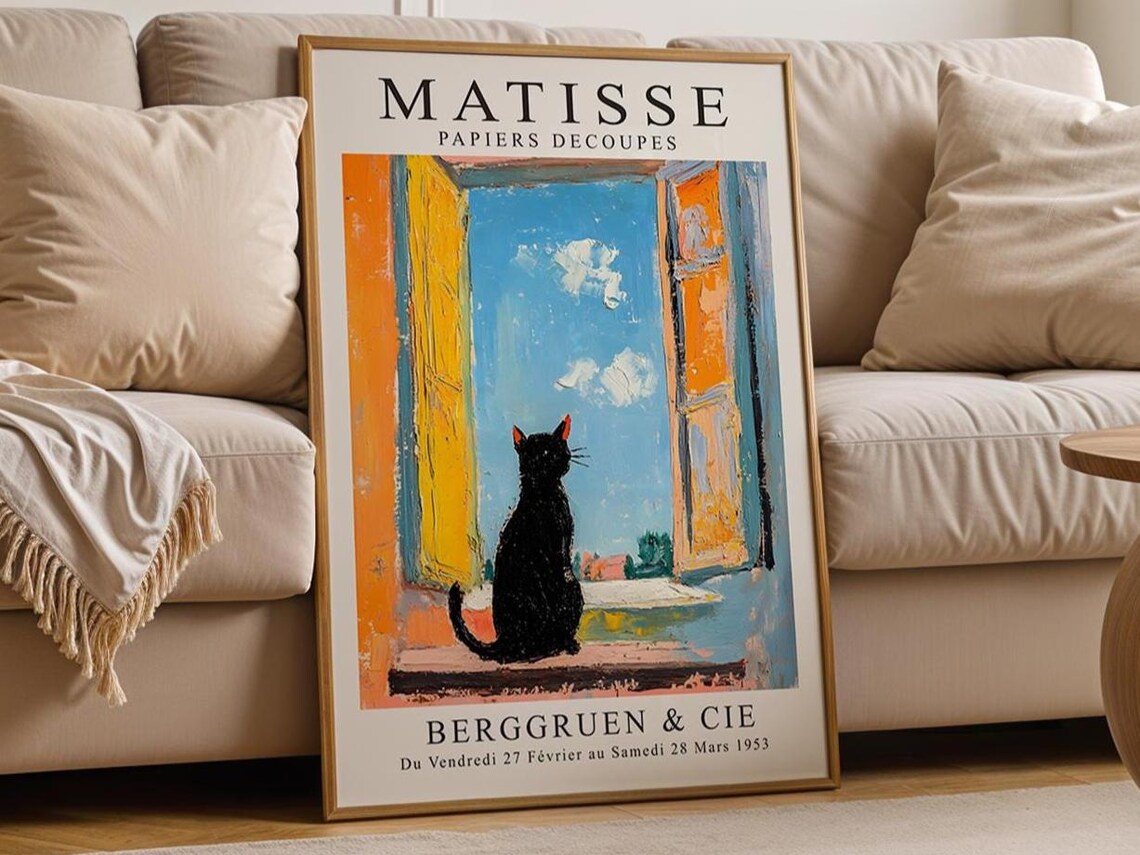 Matisse Style Cat Print, Pastel Seascape Art