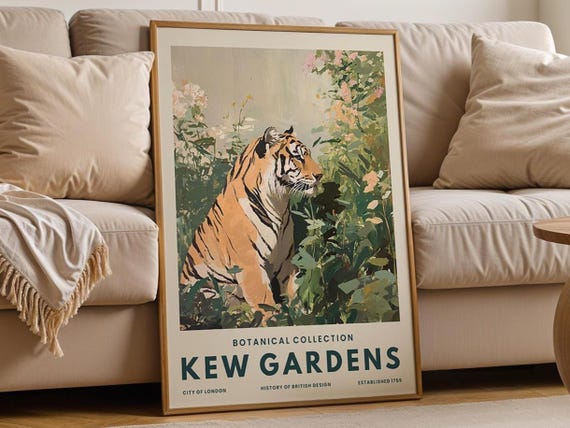 Tiger In Wildflowers Print Vintage Botanical Animal Illustration