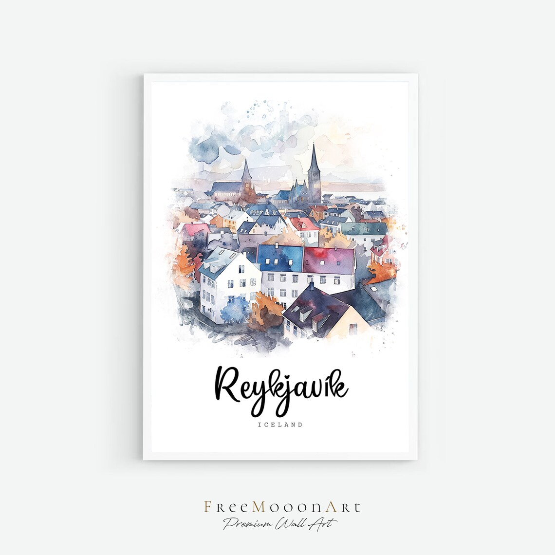 Reykjavik Iceland Colorful Old Town Watercolor Travel Poster