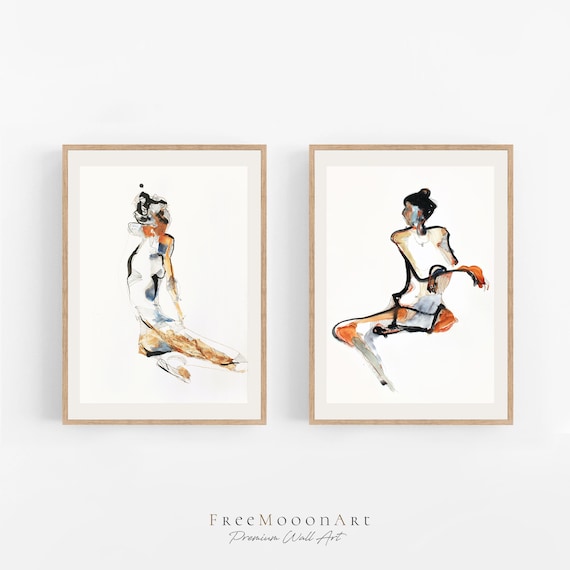Abstract Watercolor Female Figure Diptych Pair Gallery Set Poster