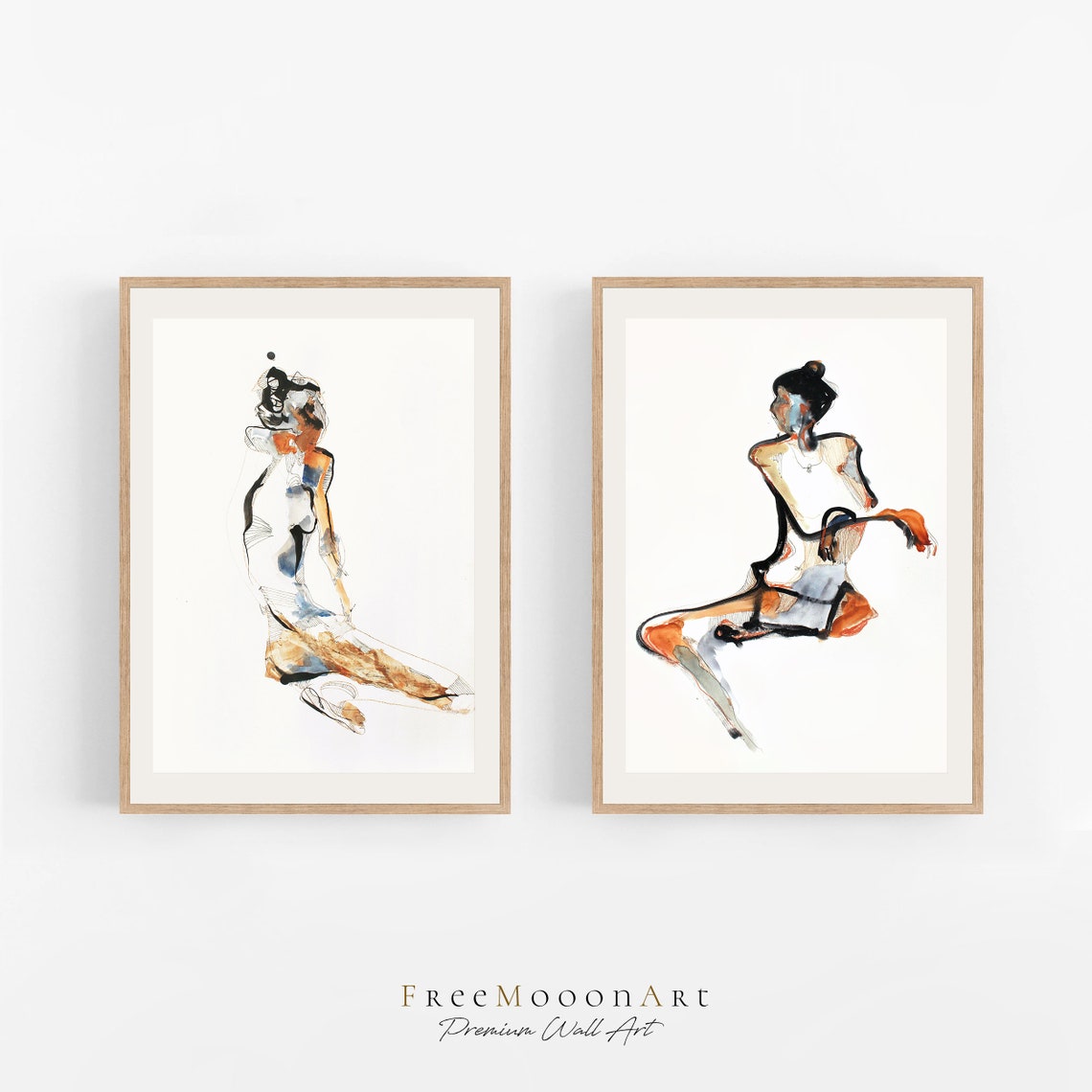 Abstract Watercolor Female Figure Diptych Pair Gallery Set Poster