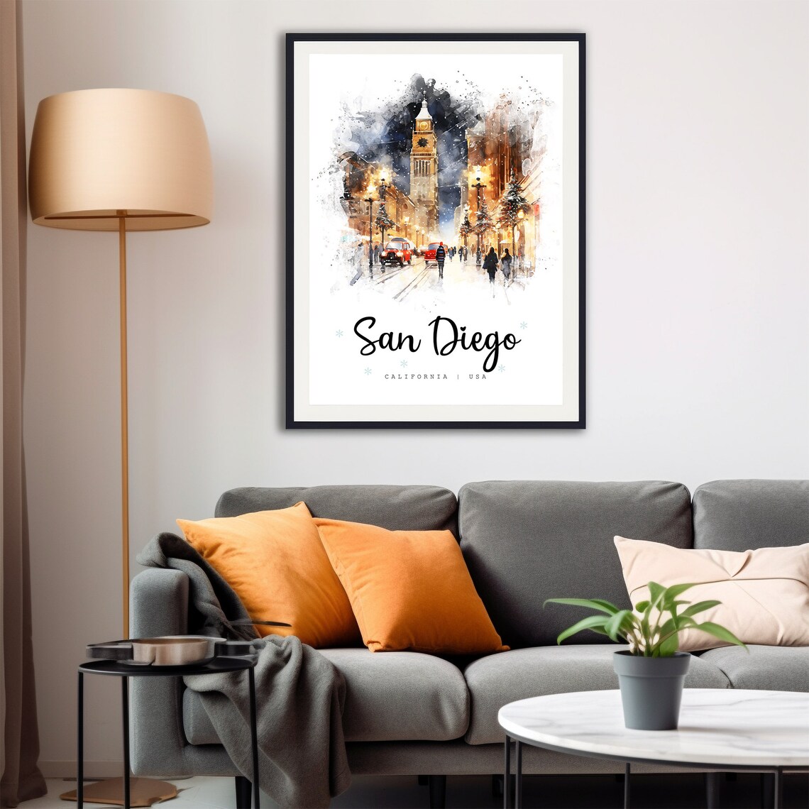 San Diego California Winter Snowy Street Watercolor Travel Poster - Image 4