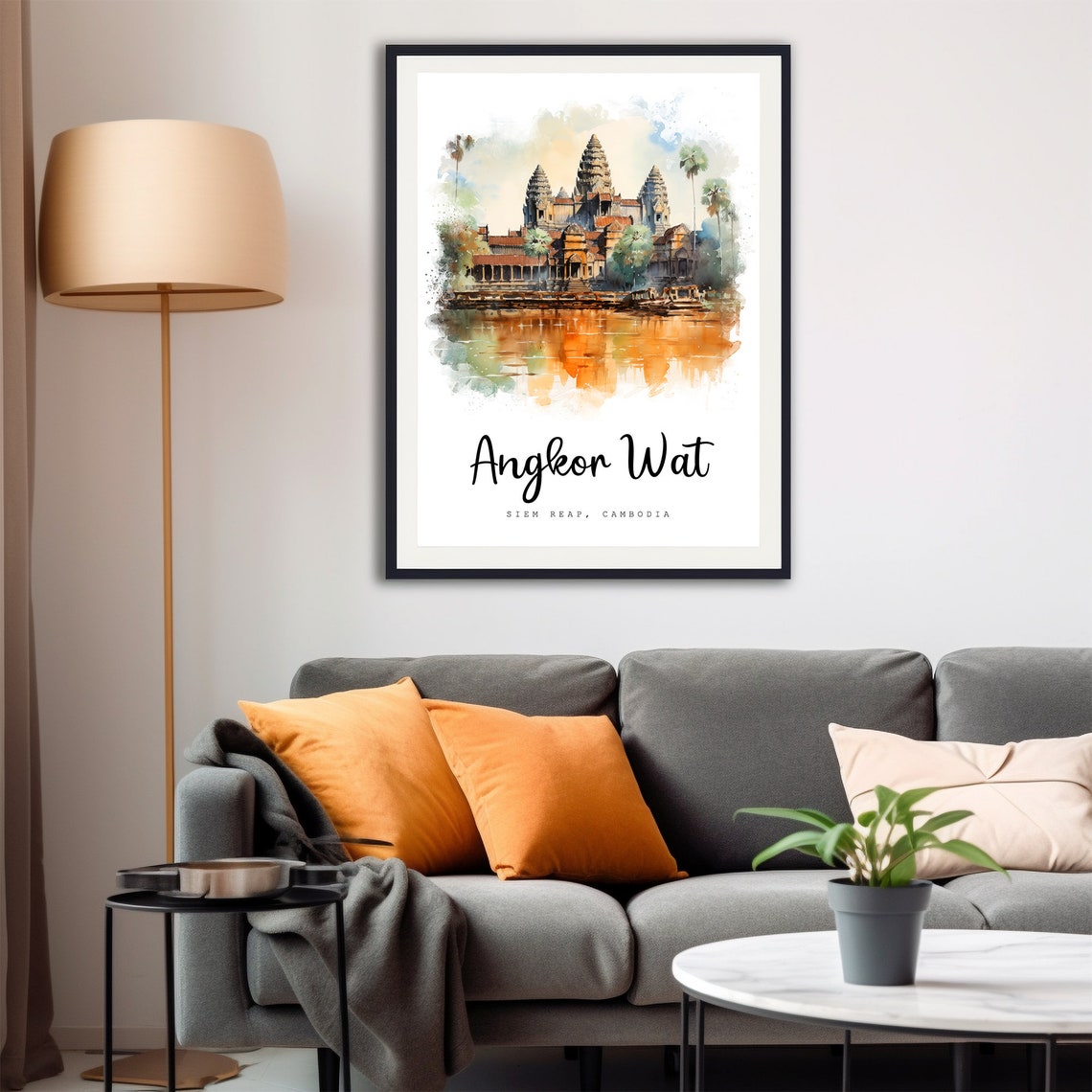 Angkor Wat Cambodia Temple Sunset Reflection Watercolor Poster - Image 4