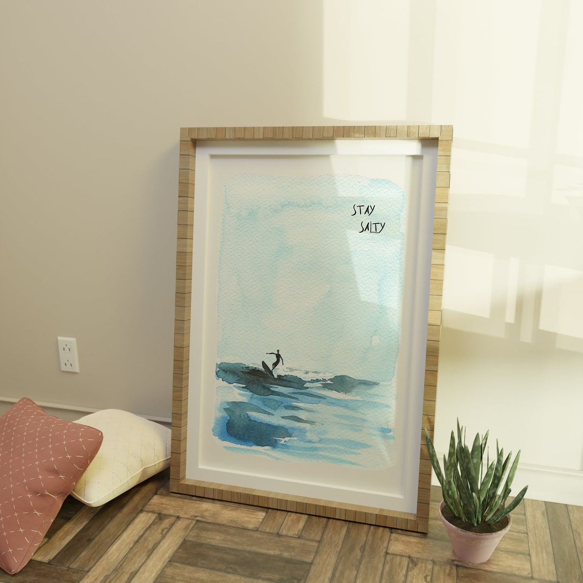 Stay Salty Surfer Silhouette Riding Ocean Wave Watercolor Poster - Image 3