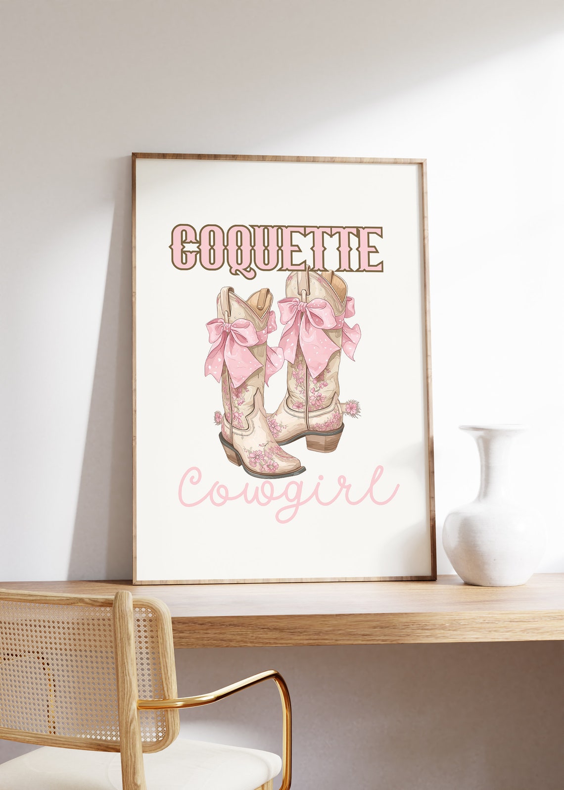 Coquette Cowgirl Tan Boots With Pink Bows Western Art Poster - Image 3