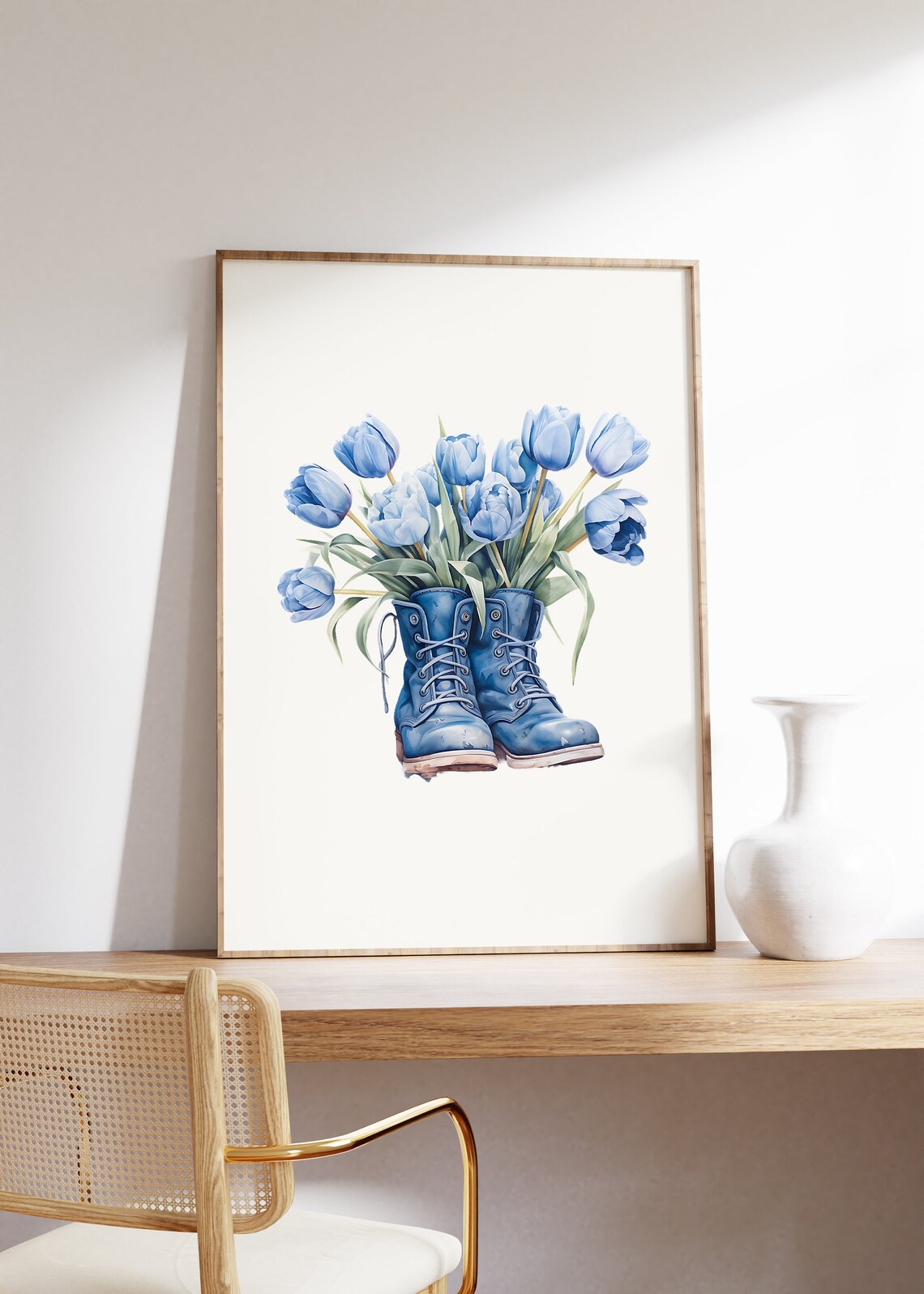 Boots With Flowers Blue Tulip Watercolor Art Print - Image 4