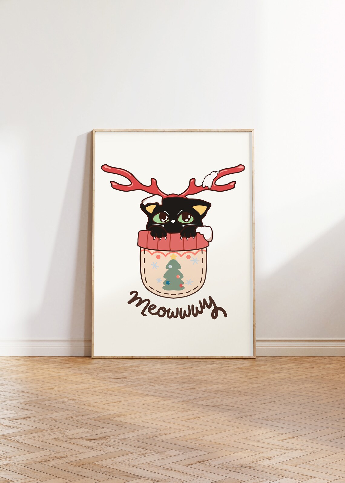 Meowwwy Black Cat With Reindeer Antlers in Stocking Art Poster - Image 2