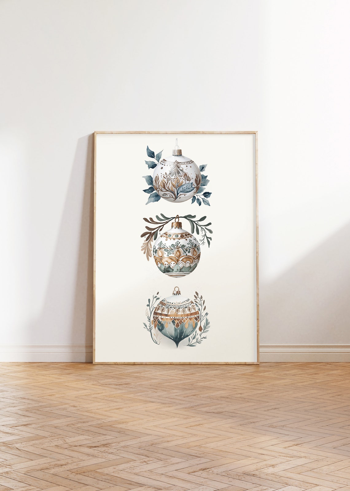 Three Hand Painted Folk Pattern Christmas Baubles Watercolor Poster - Image 3