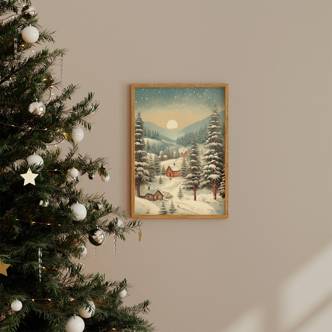 Snowy Mountain Village Moonlit Winter Night Landscape Poster - Image 2