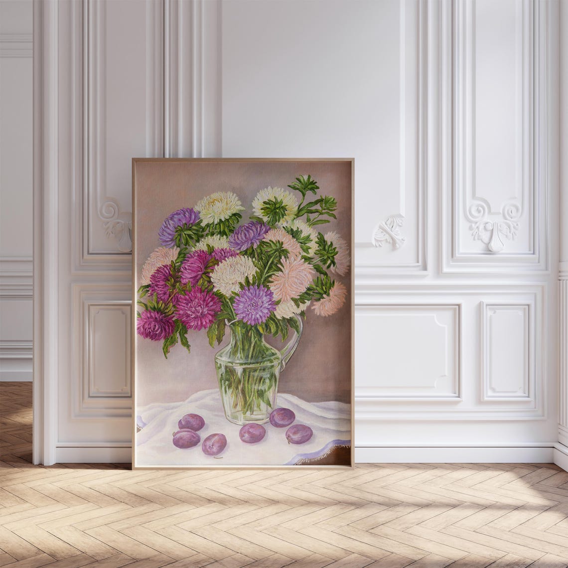 Aster Bouquet In Glass Pitcher With Plums Still Life Painting Poster - Image 3