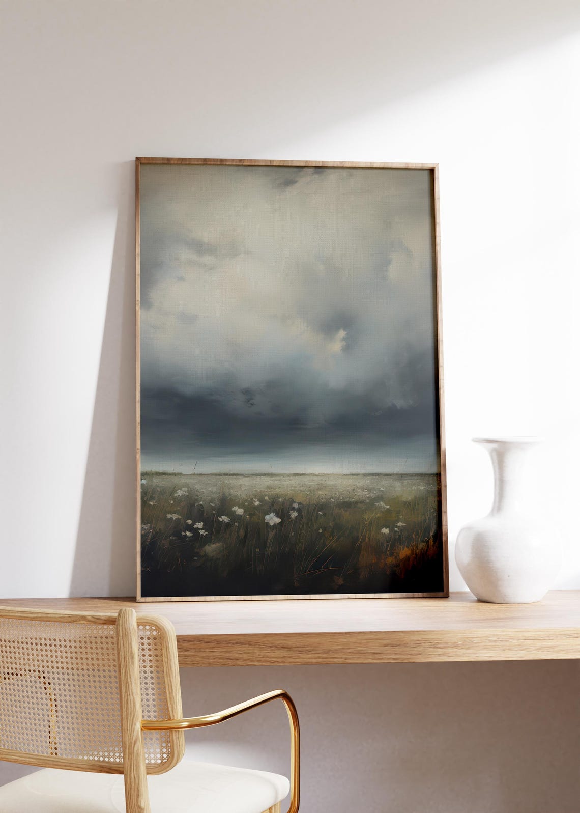 Dark Stormy Sky Looming Over Wildflower Meadow Landscape Print - Image 2