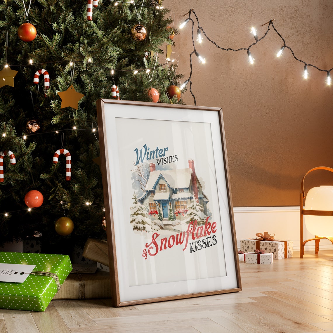 Winter Wishes and Snowflake Kisses Snowy Cottage Christmas Poster - Image 2