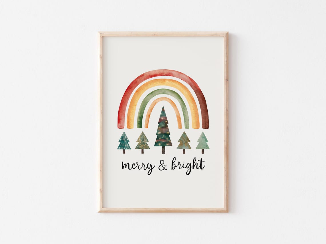 Merry and Bright Rainbow Boho Watercolor Trees Christmas Poster - Image 3