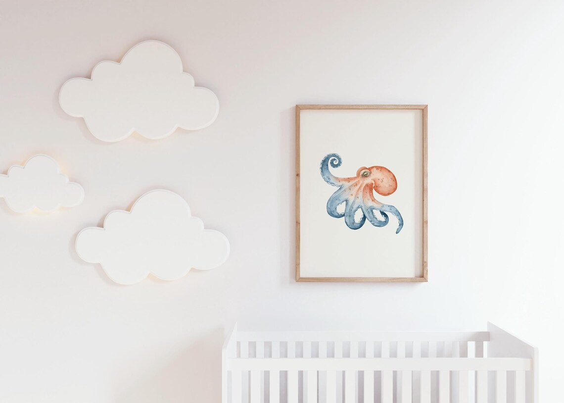 Coral and Blue Watercolor Octopus Curling Tentacles Sea Life Art Poster - Image 5