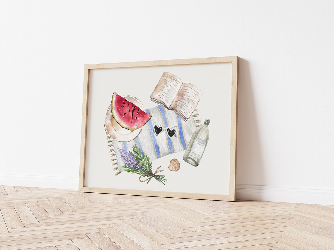 Watermelon Slice Book And Lavender Summer Beach Picnic Watercolor Poster - Image 2