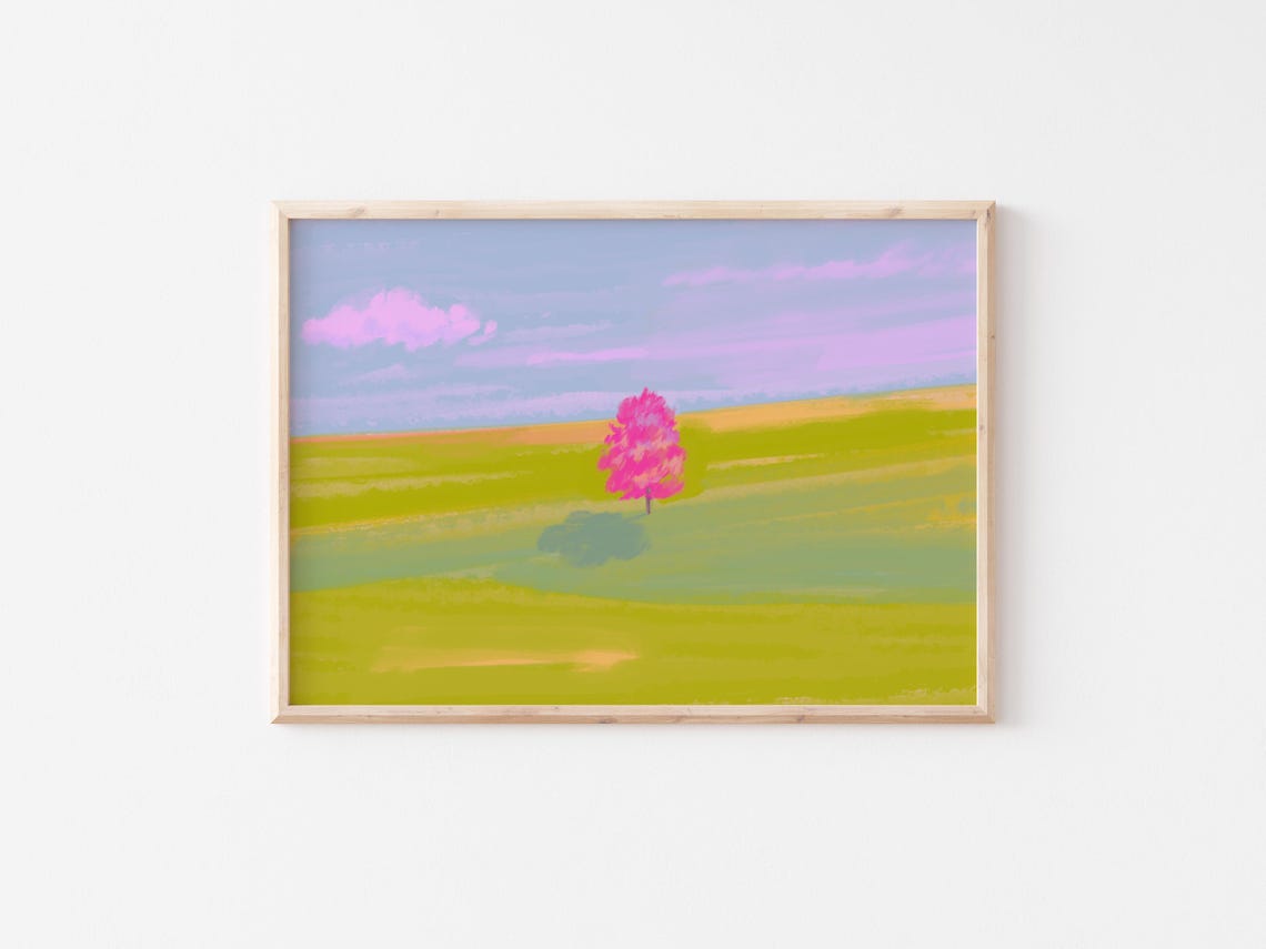 Pink Tree Green Meadow Minimalist Modern Landscape Art Poster - Image 5