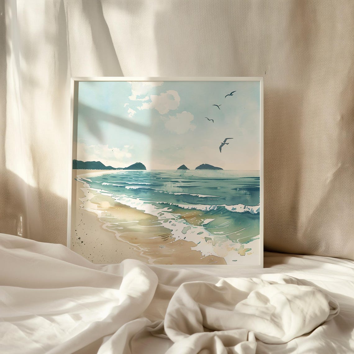 Soft Neutral Beach Shoreline With Distant Islands Watercolor Poster - Image 3