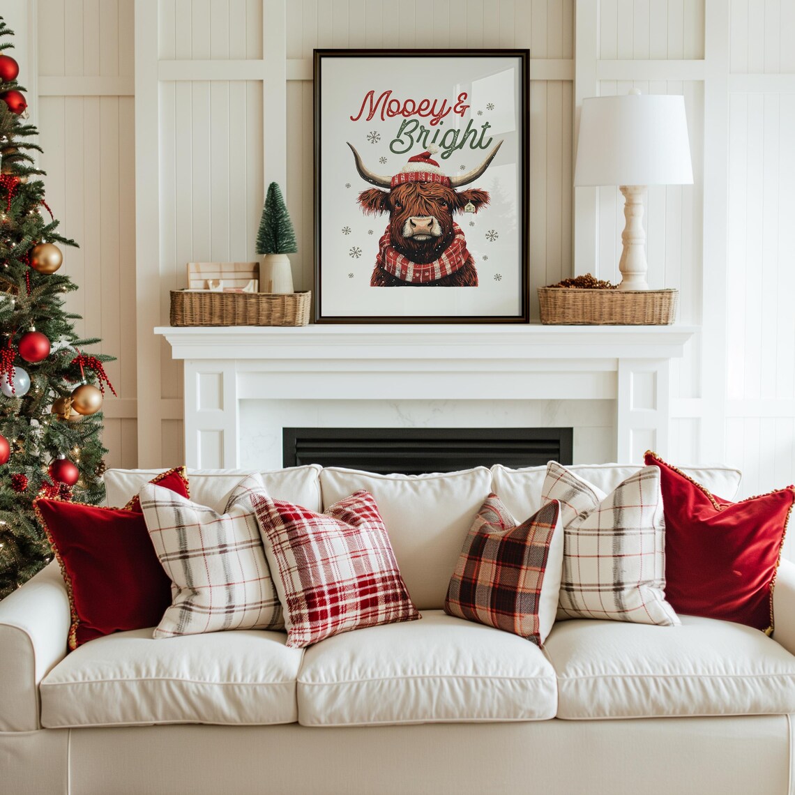 Mooey Christmas Farm, Funny Christmas Cow Art Print - Image 3