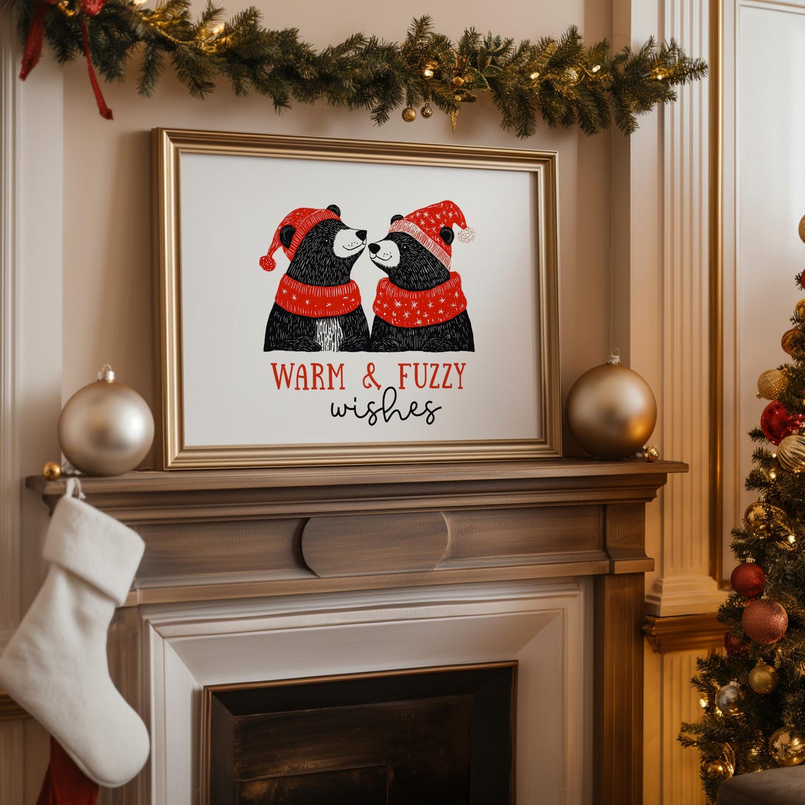 Warm and Fuzzy Wishes Bears in Santa Hats Red Christmas Poster - Image 5