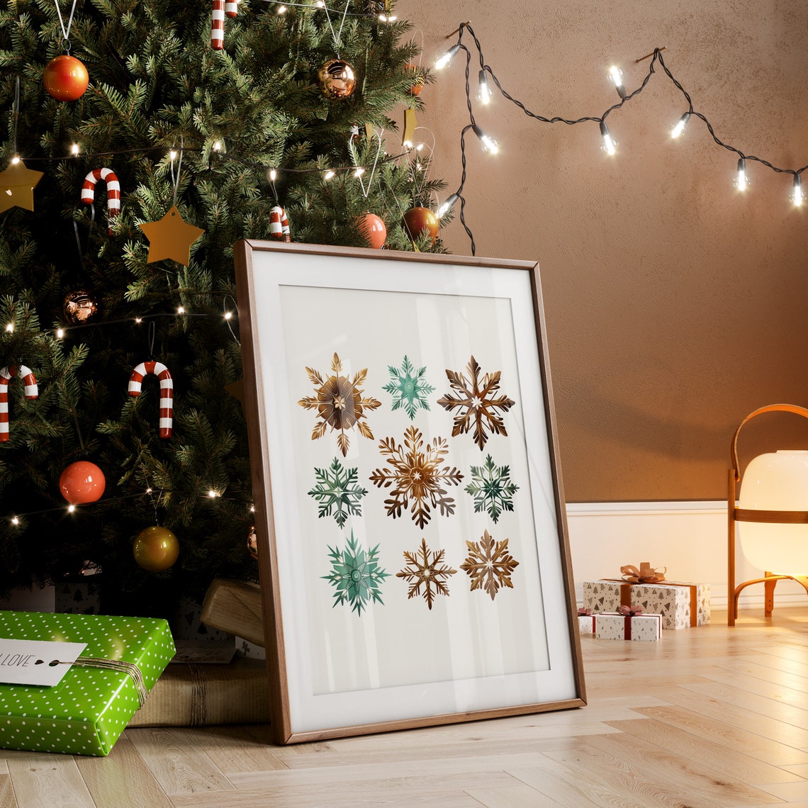 Watercolor Snowflakes Green and Gold Rustic Christmas Holiday Wall Art - Image 4