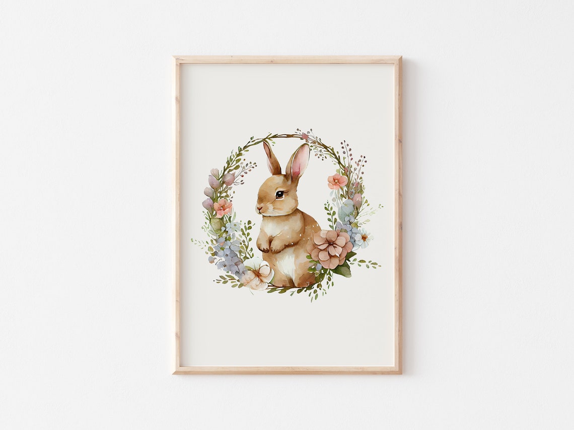 Watercolor Bunny Sitting In Floral Wreath Dusty Pink Rabbit Poster - Image 4