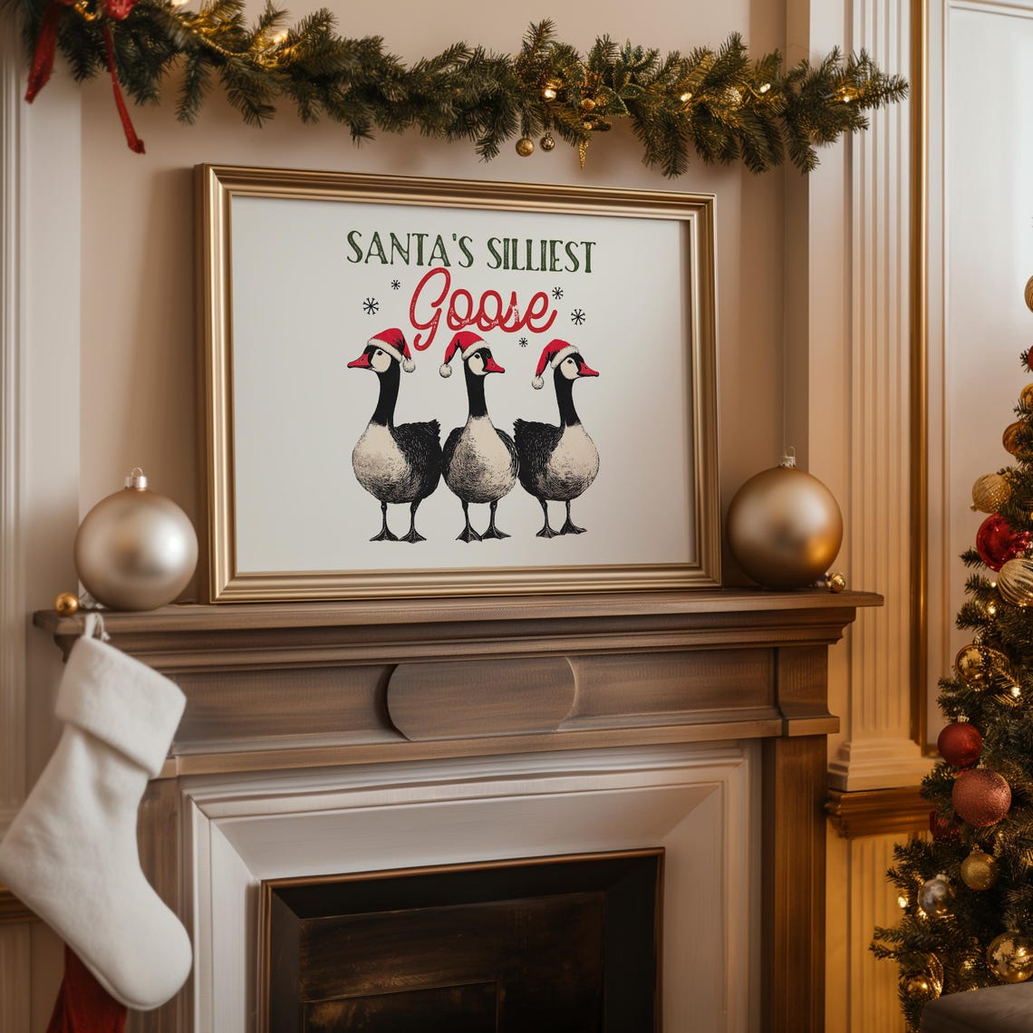 Santa's Silliest Goose Funny Vintage Christmas Goose Trio Wall Art - Image 3
