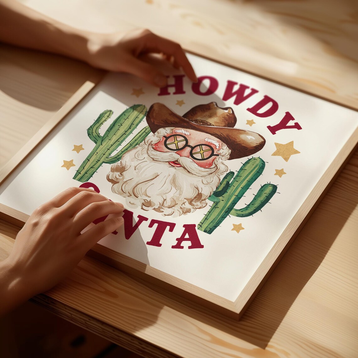 Howdy Santa Cowboy Santa With Cacti Watercolor Christmas Art Print - Image 4
