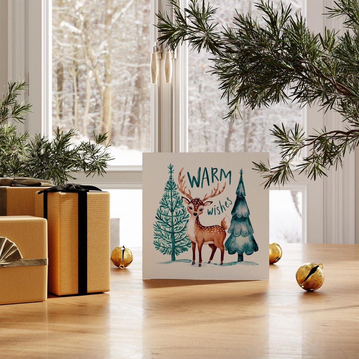 Warm Wishes Cute Deer Watercolor Forest Winter Christmas Poster - Image 3