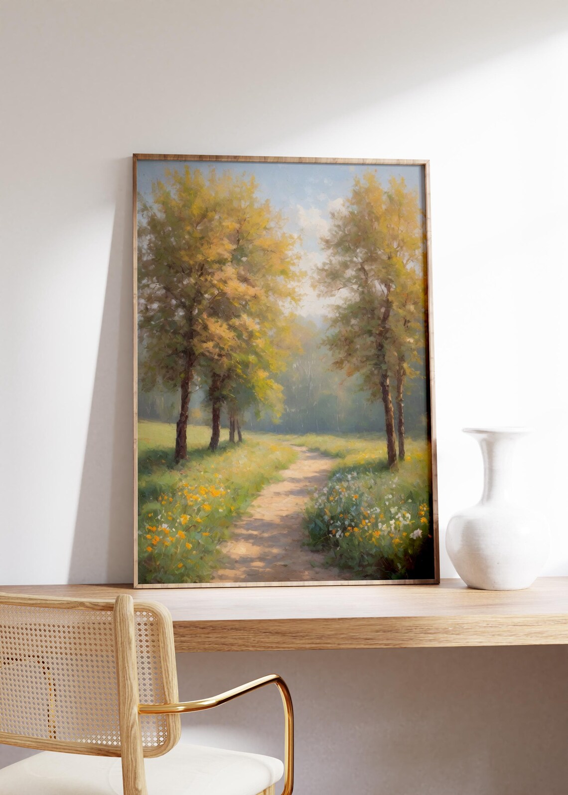 Golden Autumn Woodland Path With Wildflowers Nature Art Poster - Image 5
