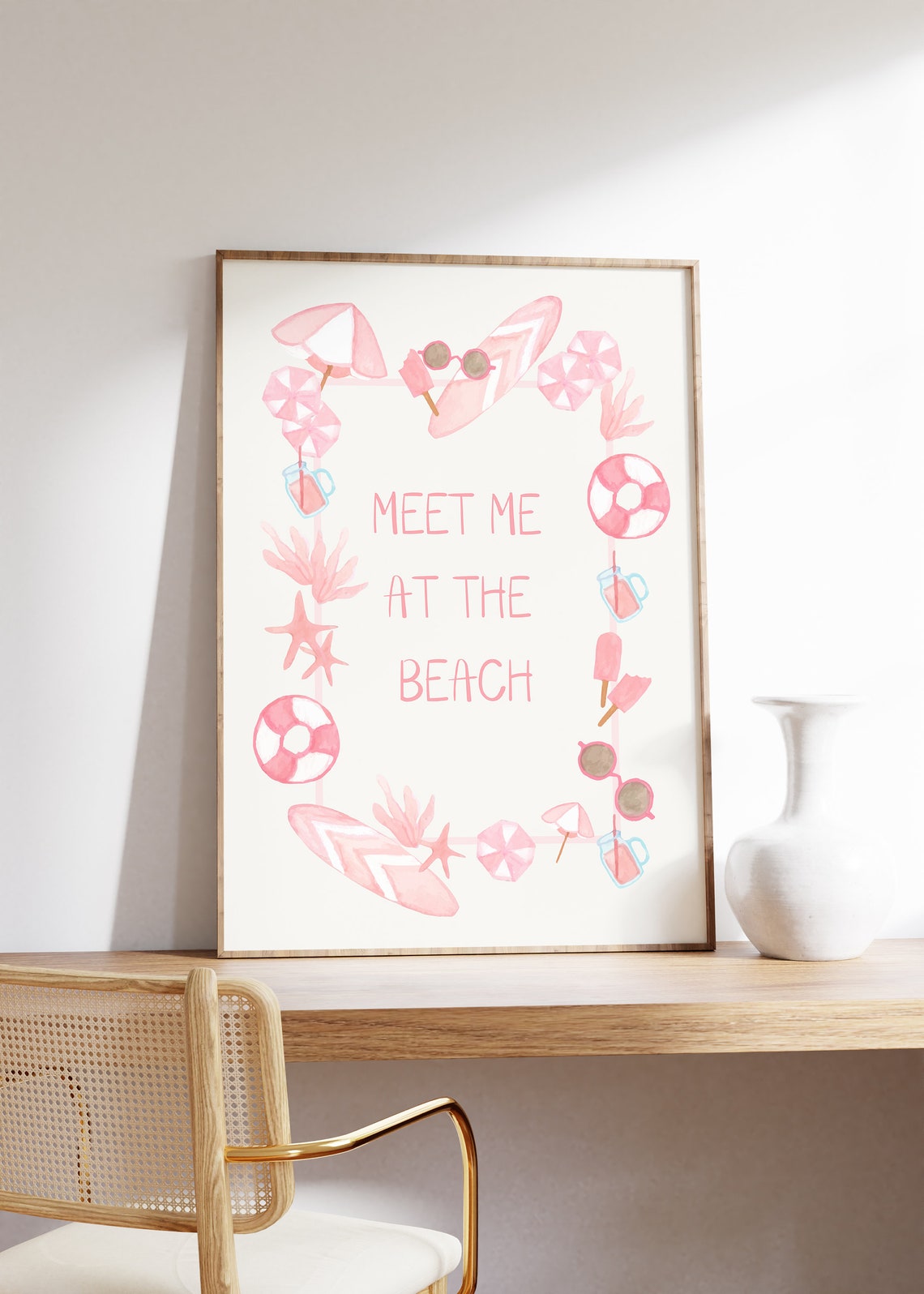 Meet Me At The Beach Pink Watercolor Beach Icon Collage Poster - Image 4