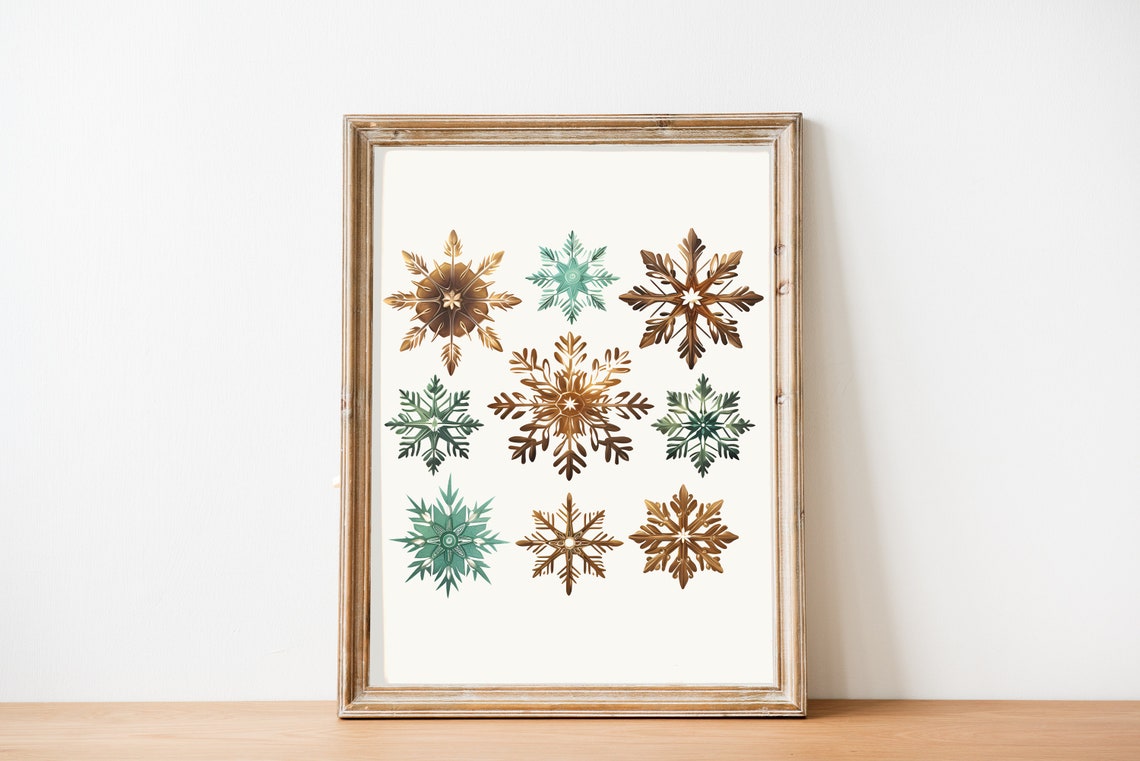 Watercolor Snowflakes Green and Gold Rustic Christmas Holiday Wall Art - Image 3