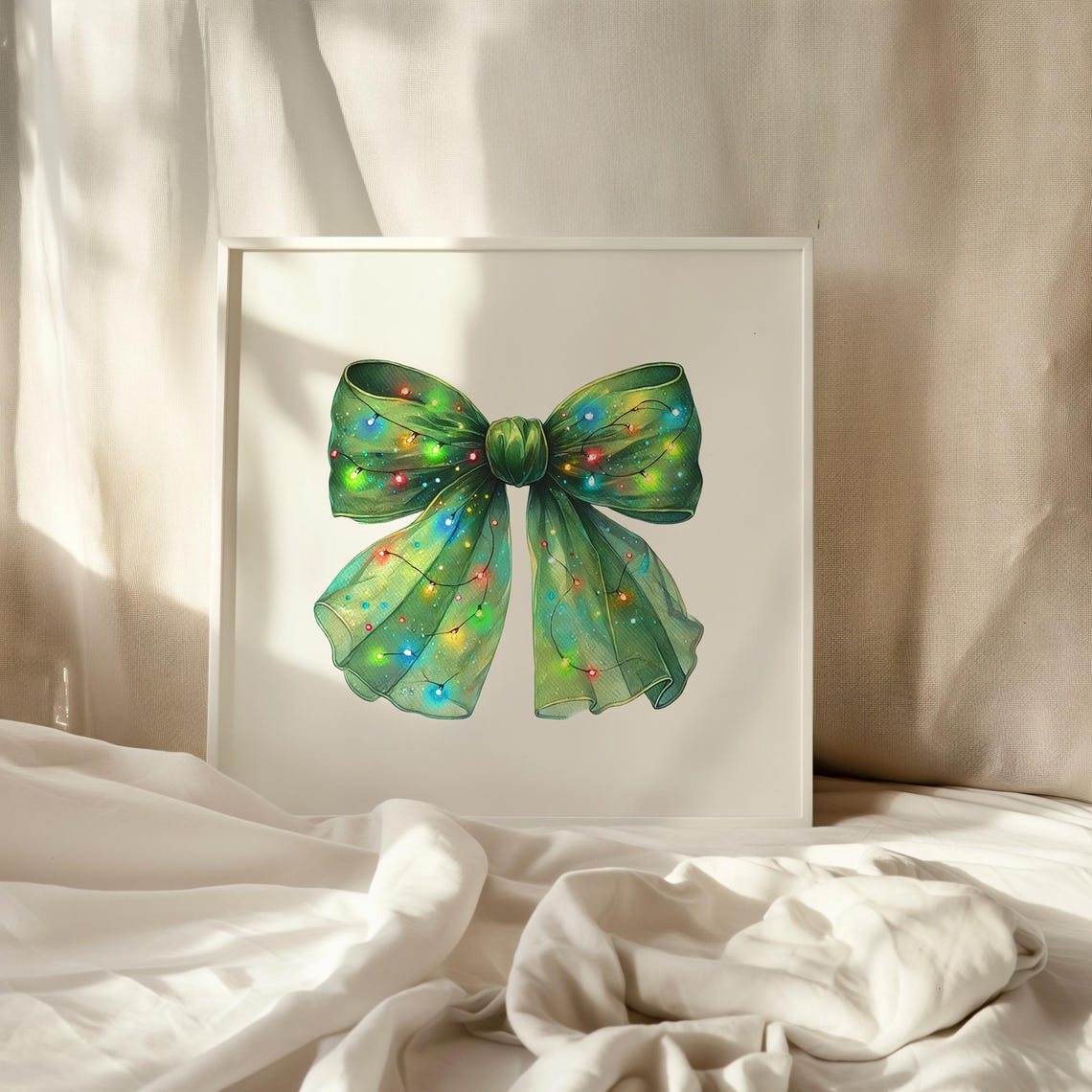 Green Ribbon Bow Wrapped in Christmas Lights Holiday Art Poster - Image 4