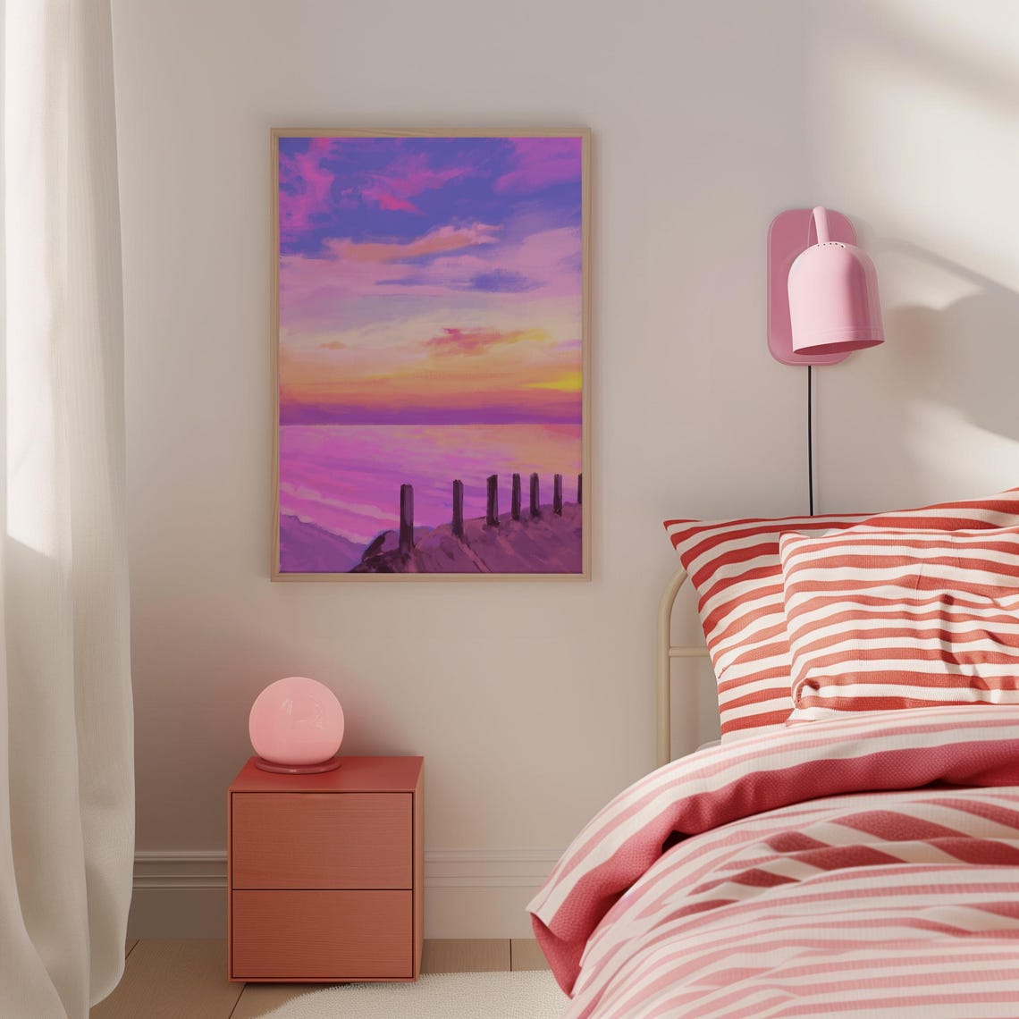 Dreamy Pink Sunset Coastal Pier Painting Ocean View Art Poster - Image 4