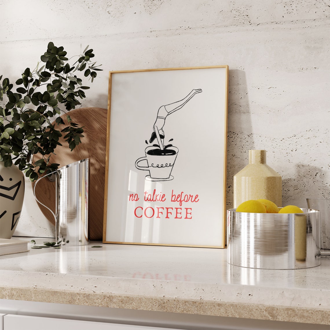 No Talkie Before Coffee Funny Diver Splashing Line Drawing Poster - Image 2