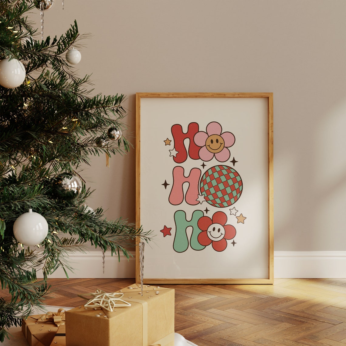 Ho Ho Ho Groovy Smiley Daisies Disco Ball Retro Holiday Poster - Image 4