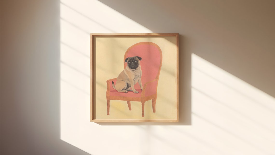 Pug Sitting on Pink Armchair Illustrated Poster in Vintage Style - Image 4
