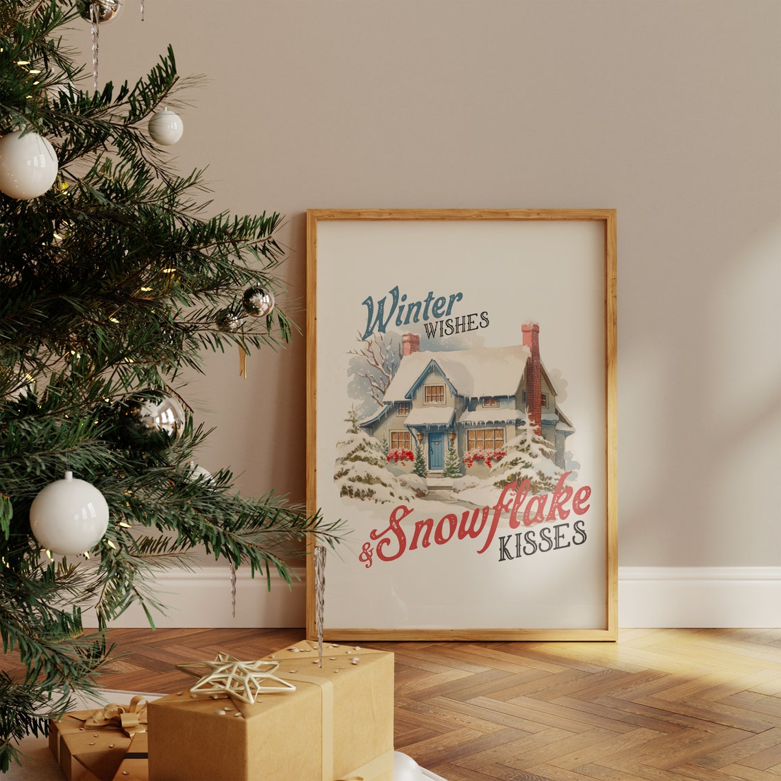 Winter Wishes and Snowflake Kisses Snowy Cottage Christmas Poster - Image 4