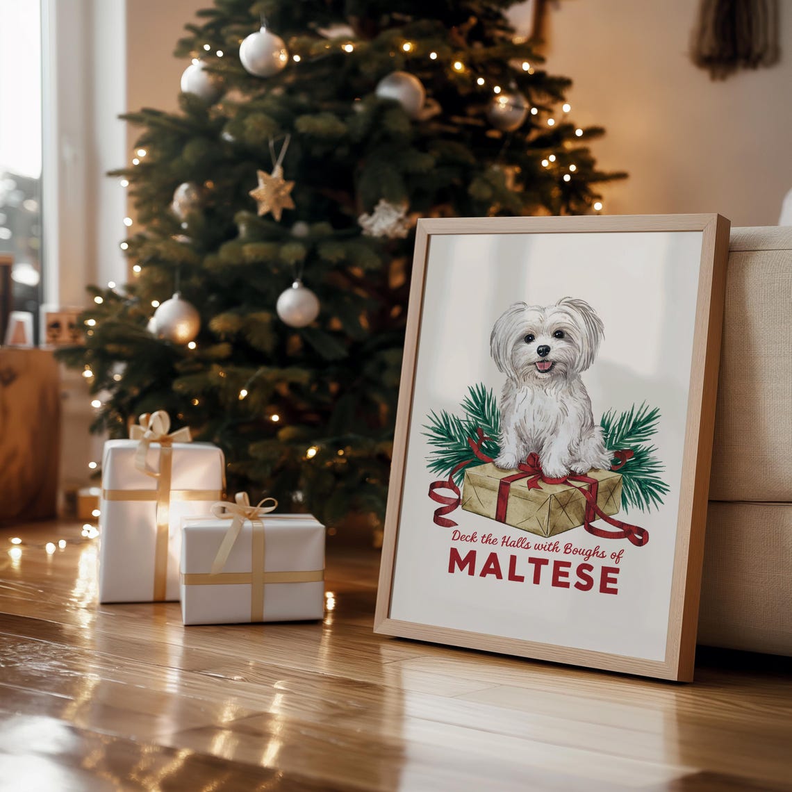 Deck the Halls Maltese Christmas Poster with Puppy on Gift Box - Image 4