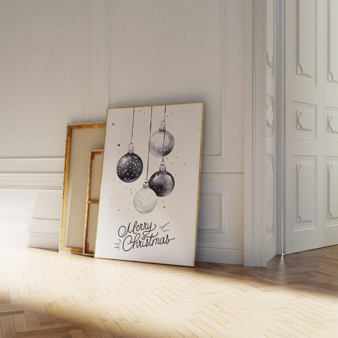 Merry Christmas Black and Silver Bauble Sketch Minimalist Poster - Image 5