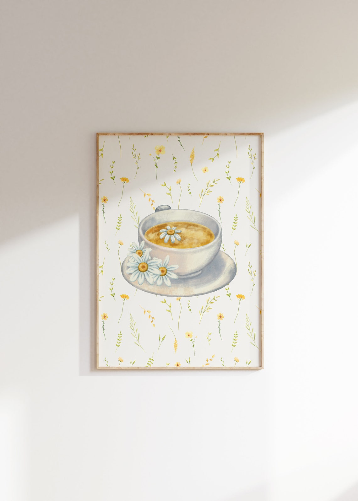 Daisy Topped Tea Cup on Wildflower Pattern Watercolor Floral Poster - Image 2