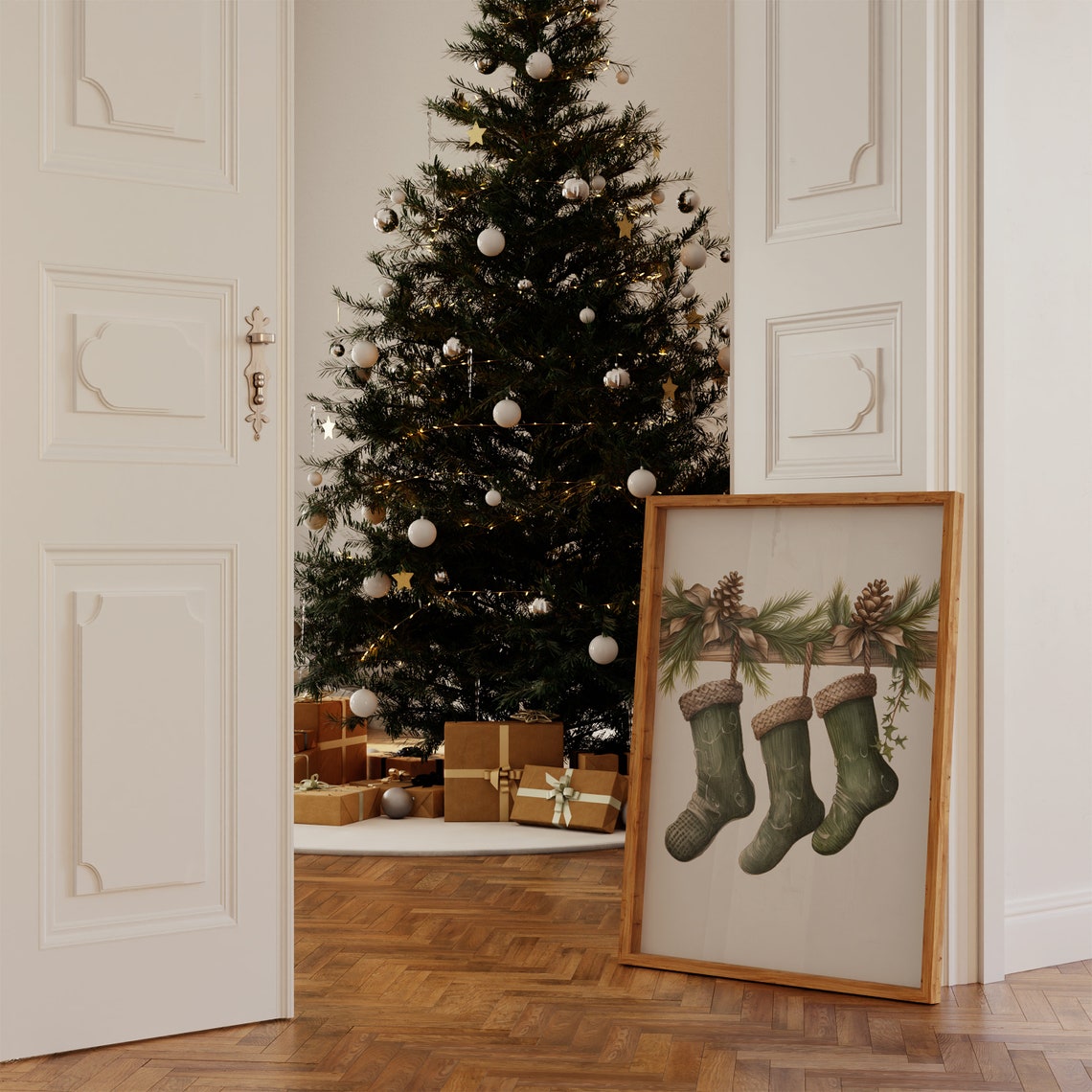 Rustic Green Christmas Stockings Watercolor Pine Branch Poster - Image 5