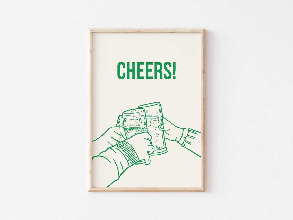 Cheers Green Line Art Beer Glasses Toast Home Bar Wall Decor Poster - Image 5