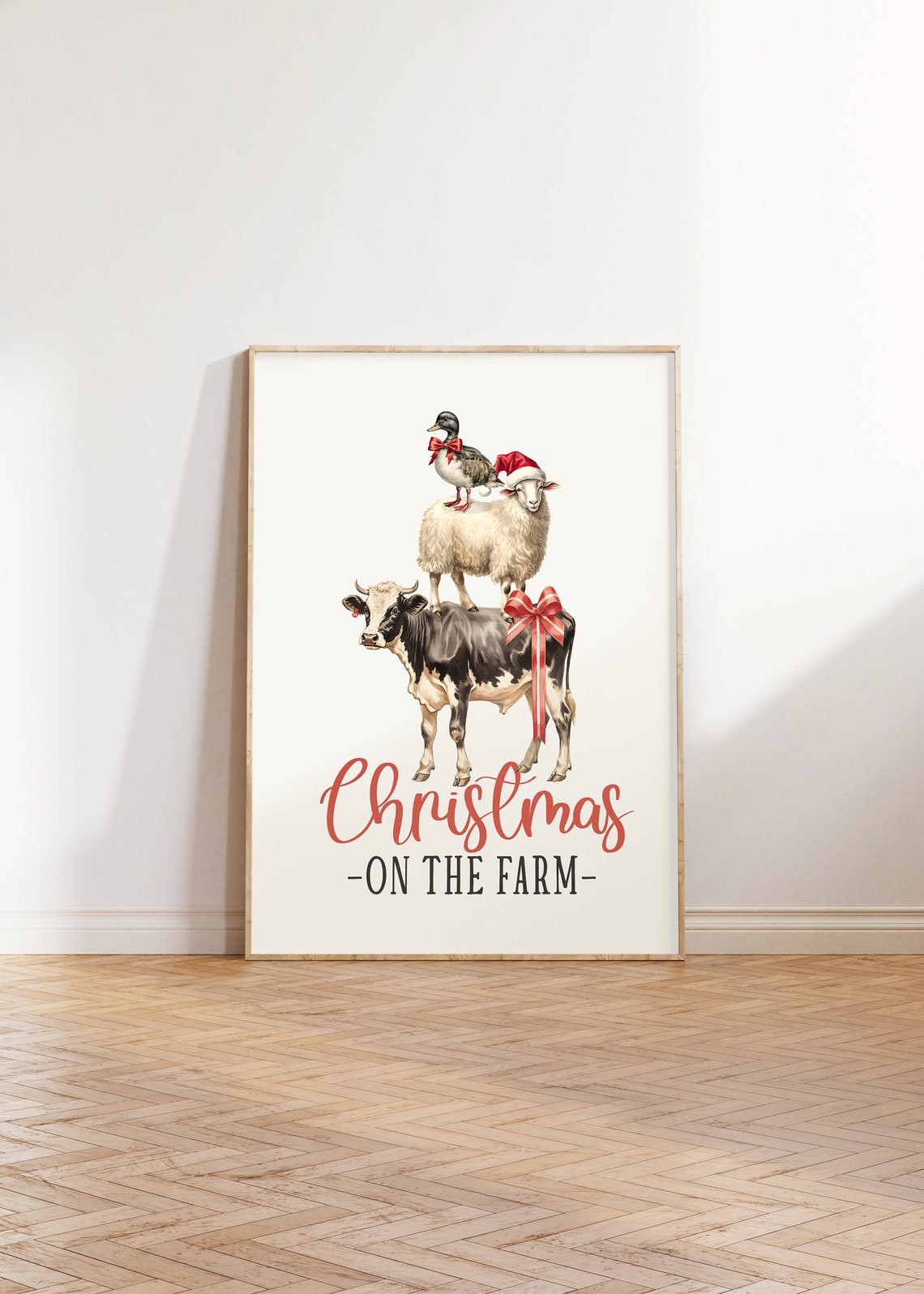 Christmas On The Farm Stacked Cow Sheep And Duck Watercolor Poster - Image 2