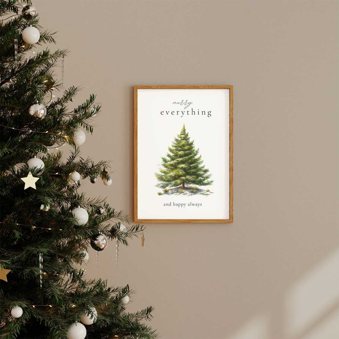 Merry Everything and Happy Always Snowy Watercolor Tree Poster - Image 2